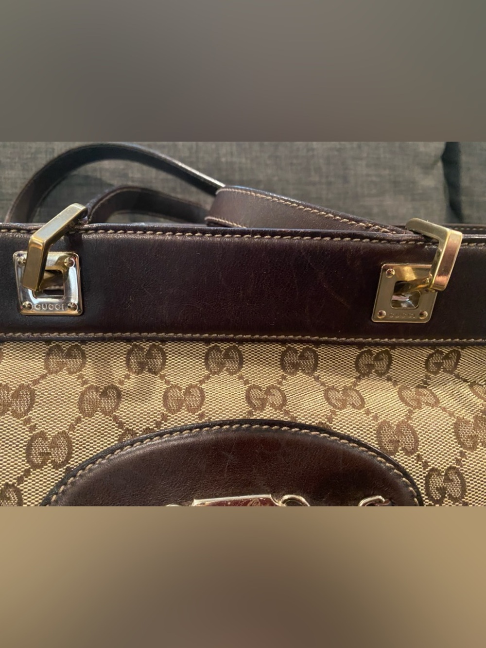 Gucci Beige GG Canvas Tote w/ Brown Leather & Gold Horsebit Hardware. Classic ❤️ - Picture 9 of 12